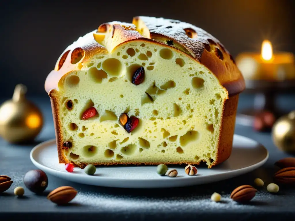 Delicioso panettone recién horneado, con frutas confitadas y nueces, espolvoreado con azúcar glas