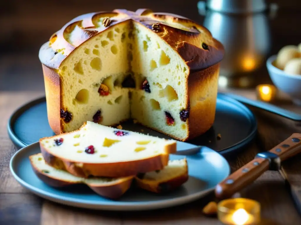 Delicioso panettone vegano fácil con frutas y nueces en corte detallado