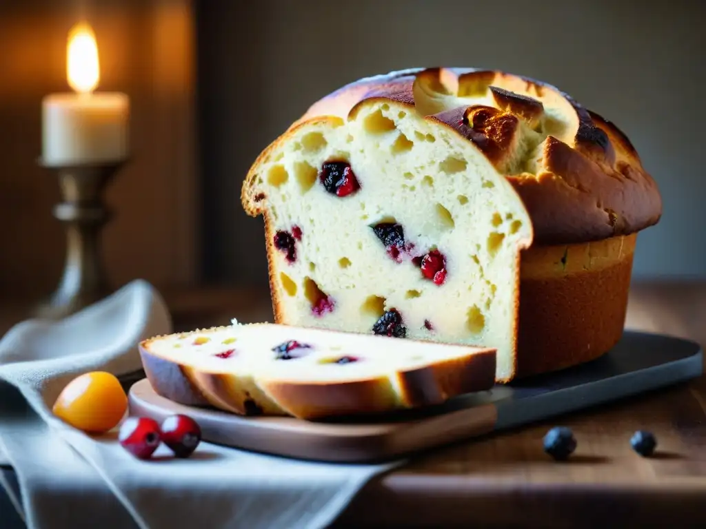 Delicioso panettone vegano recién horneado con frutas secas, glaseado y azúcar glas