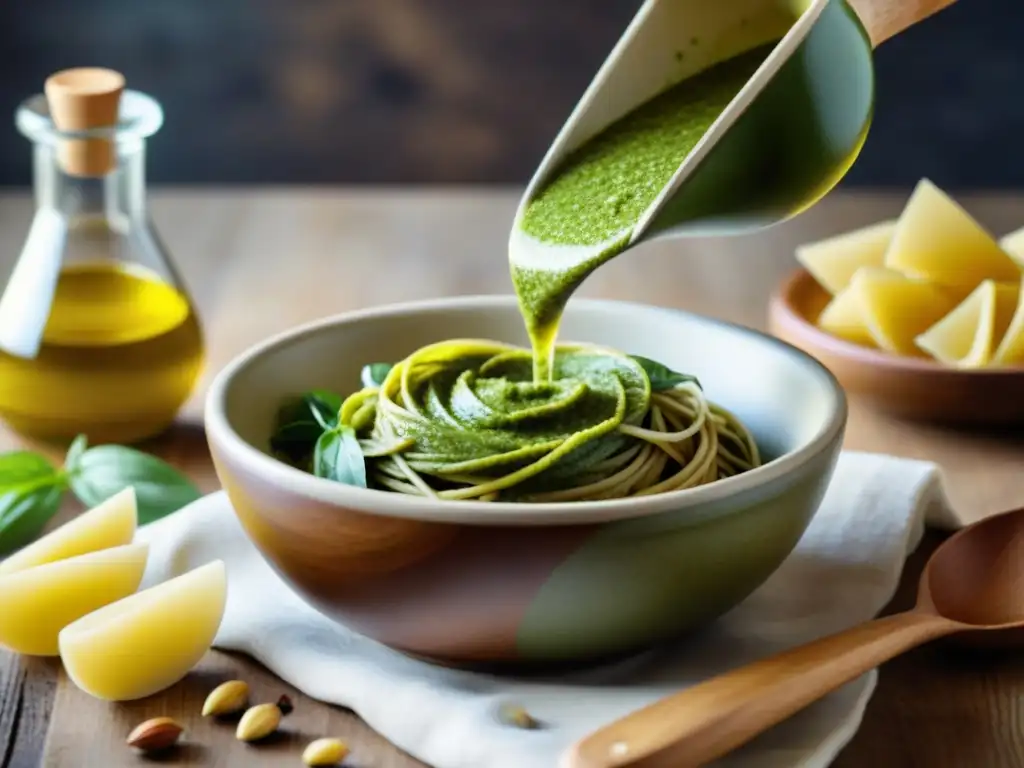 Delicioso pesto vegano italiano sobre pasta con ingredientes frescos