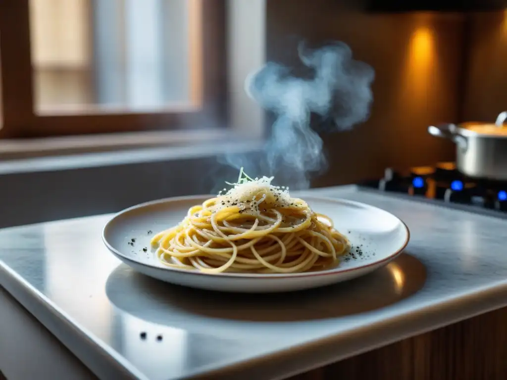 Un delicioso plato de Cacio e Pepe recién cocinado en una cocina italiana tradicional