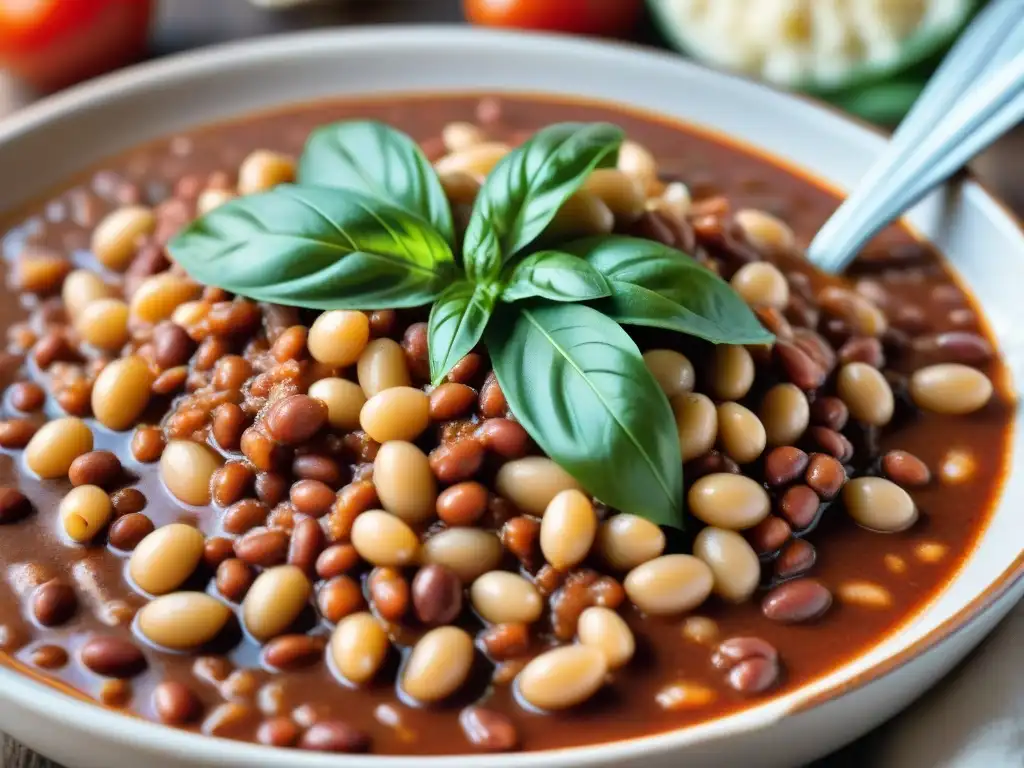 Delicioso plato de Frijoles Cannellini superfood italiano en salsa de tomate, con albahaca fresca y queso parmesano rallado