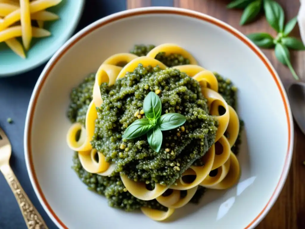 Delicioso plato de pasta con pesto verde y semillas de chía