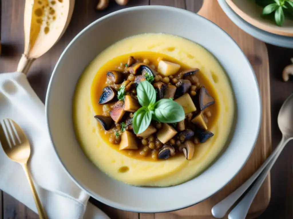 Un delicioso plato de polenta italiana tradicional con ragú de setas salvajes, evocando calidez y sabor