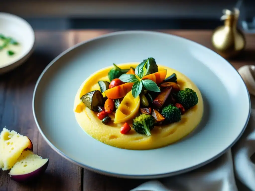 Un delicioso plato de polenta italiana con vegetales asados y hierbas frescas