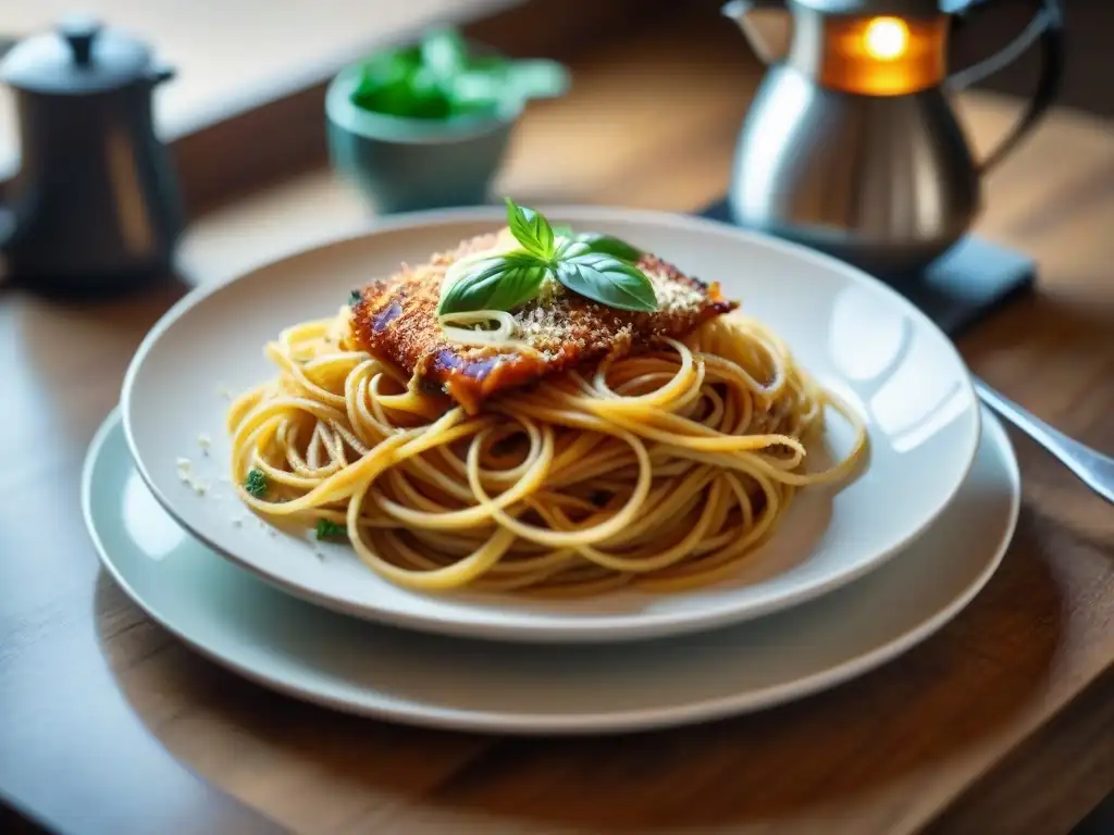 Un delicioso plato de Spaghetti al café receta italiana en una mesa rústica, con café y queso Parmesano