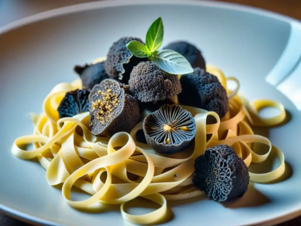 Delicioso plato de tagliatelle con trufas negras recién ralladas, bañado en aceite de oliva y sal marina, evocando lujo culinario