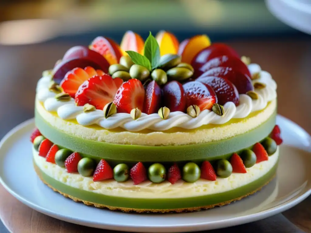 Un delicioso postre siciliano, con capas de bizcocho, ricota, fruta confitada, mazapán, fresas y pistachos, en una cerámica italiana