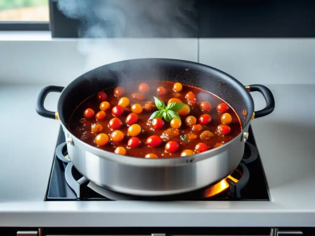 Delicioso potaje de salsa de tomate burbujeante en estufa rústica, con hojas de albahaca fresca, ajos y tomates cherry