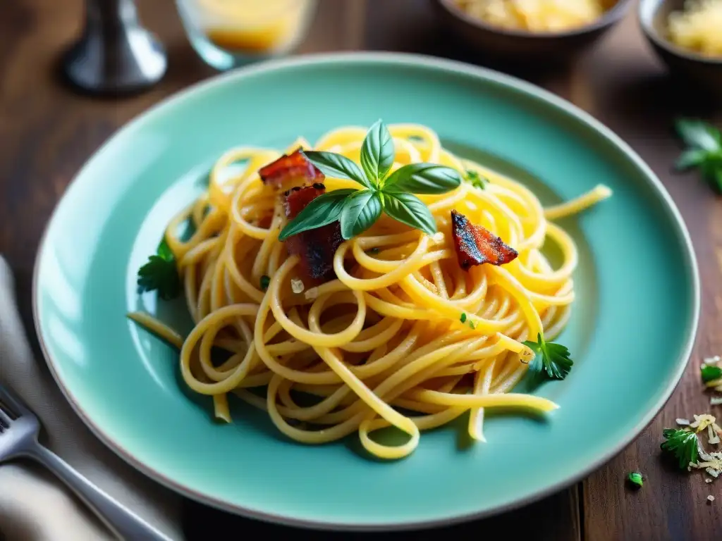 Delicioso queso Pecorino Romano rallado sobre pasta carbonara, creando una combinación de colores y sabores