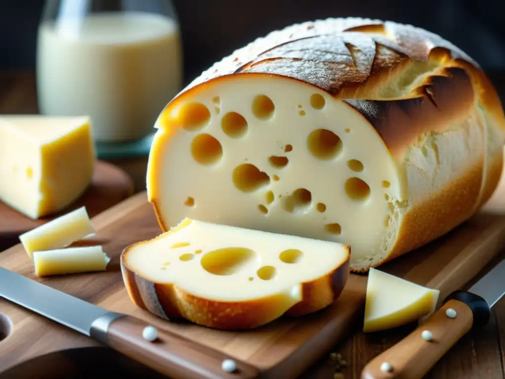 Delicioso queso stracchino italiano recién cortado en tabla de madera, mostrando su textura suave y cremosa