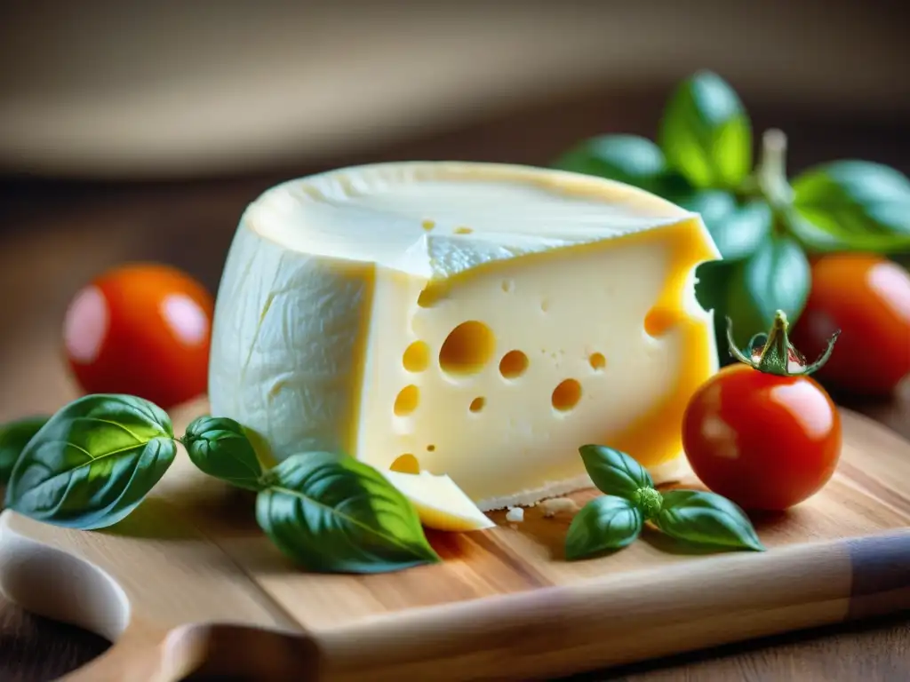 Delicioso queso Stracchino italiano en tabla de madera con tomates y albahaca fresca, resaltando sus beneficios y textura cremosa