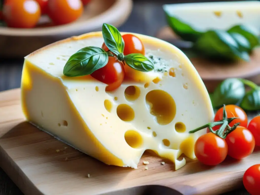 Delicioso queso Stracchino italiano con tomate, albahaca y aceite de oliva en tabla rústica