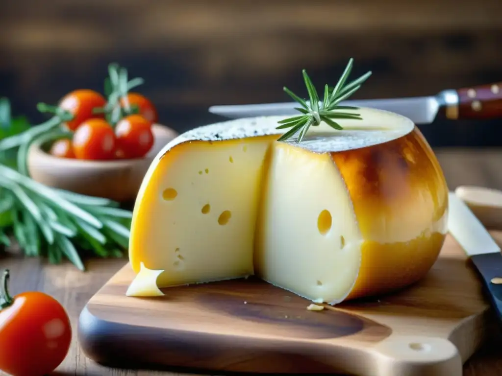 Delicioso queso Provolone Valpadana desmenuzándose en tabla de madera con hierbas y tomates rojos