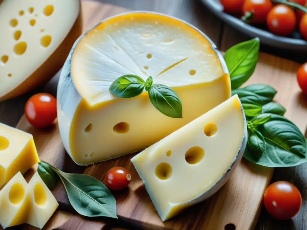 Delicioso queso Provolone Valpadana con aceite de oliva, tomates y albahaca