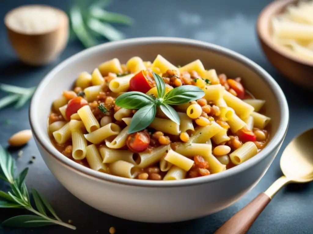 Un delicioso y reconfortante plato de Pasta e Fagioli receta tradicional, con frijoles cannellini, pasta ditalini, tomate y hierbas aromáticas