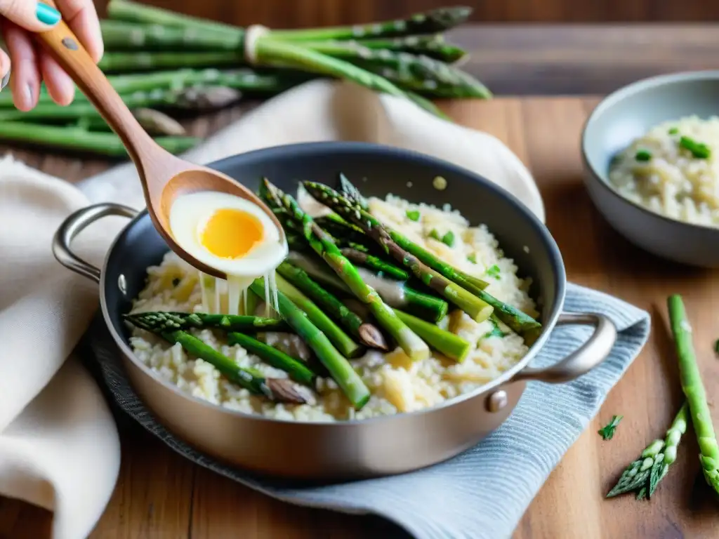 Delicioso risotto de champiñones y espárragos en proceso de cocción