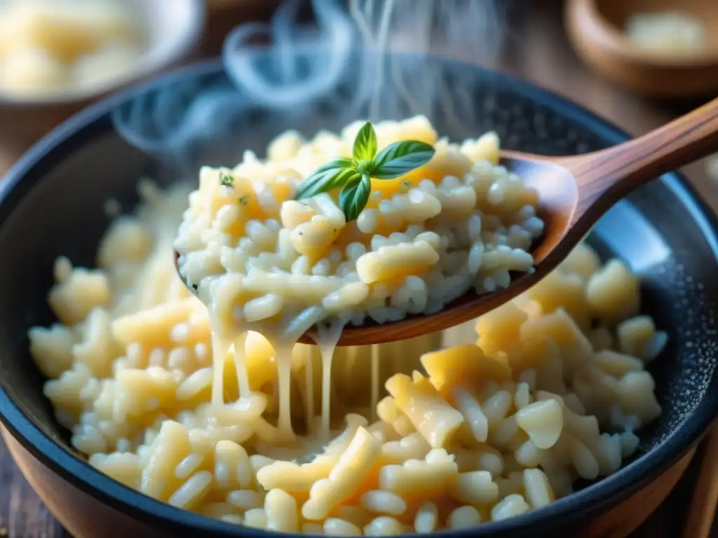 Delicioso risotto cremoso siendo preparado con detalle, mostrando la fusión del queso parmigiano