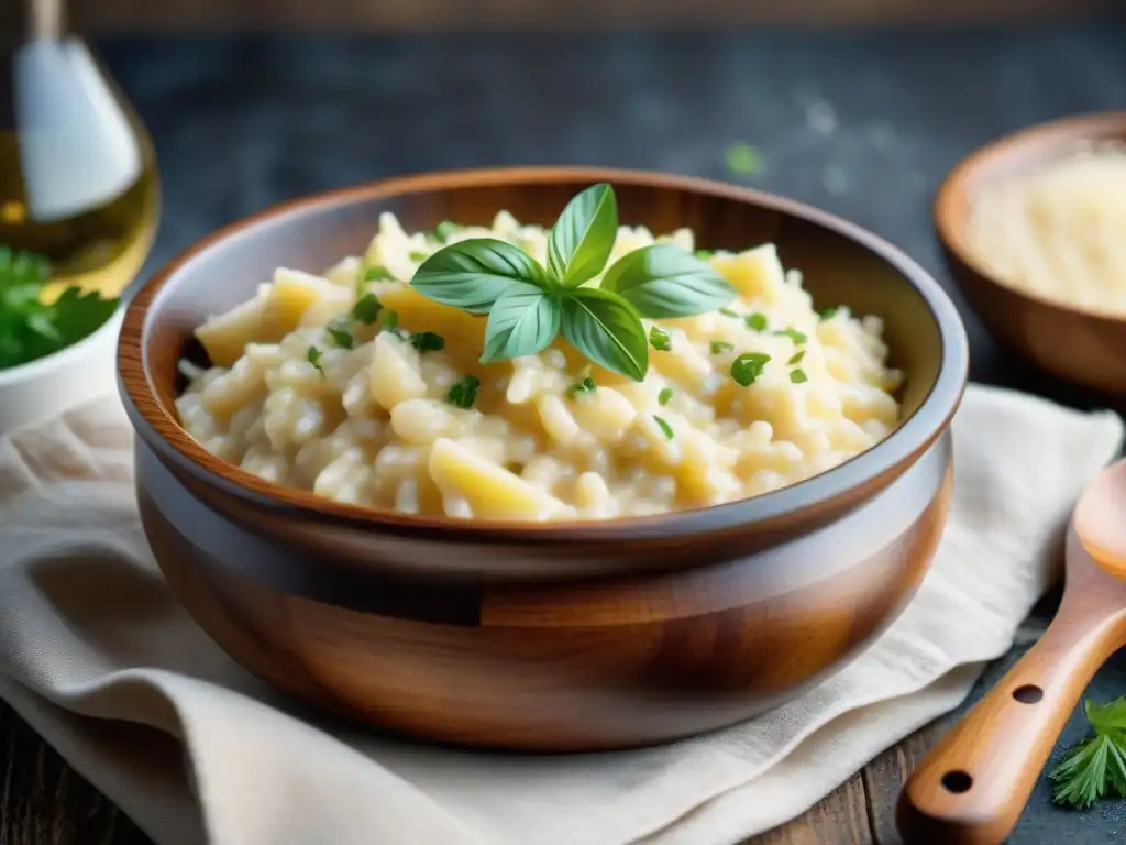 Delicioso risotto cremoso y queso fundido en cuenco de madera rústico