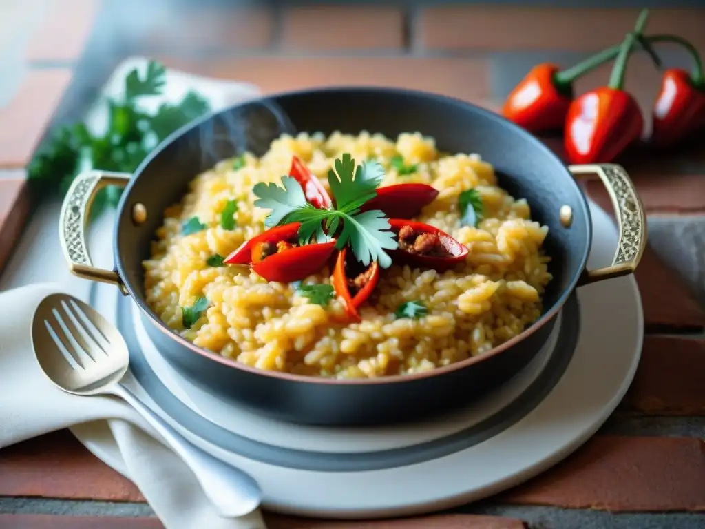 Un delicioso risotto con influencia española en una paellera, con chorizo, pimientos y perejil fresco