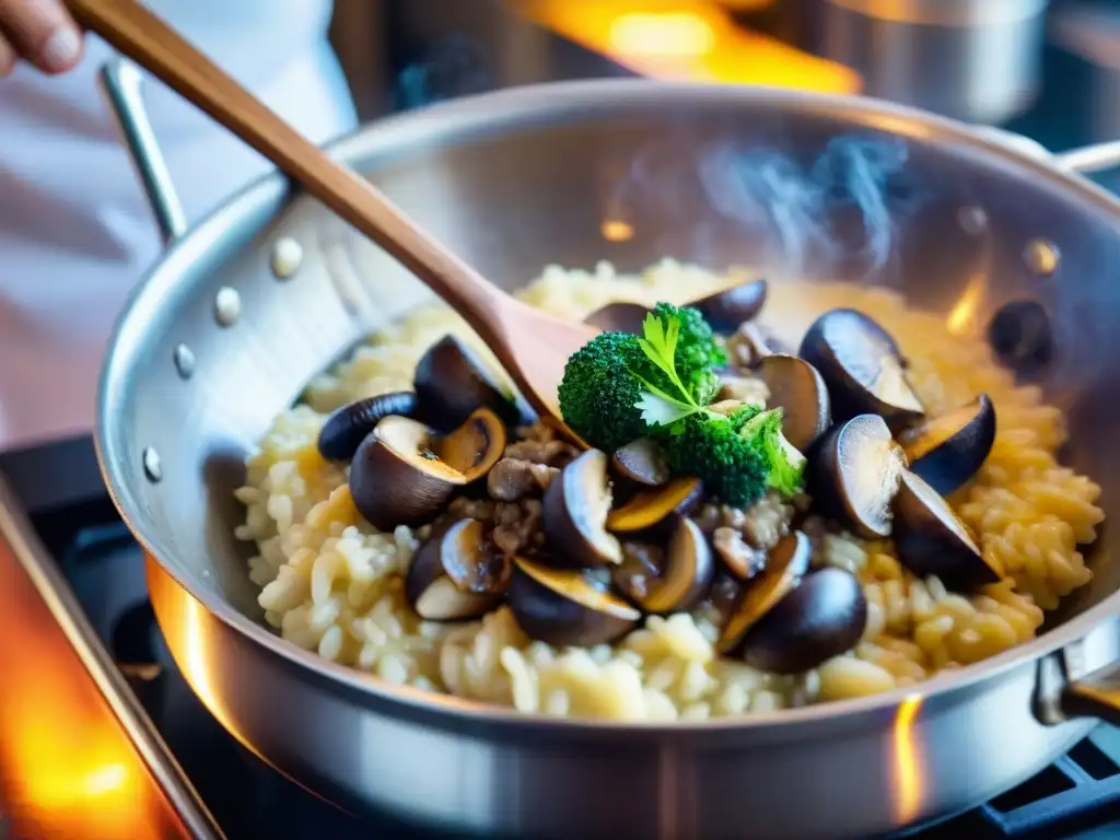 Delicioso risotto italiano siendo preparado en una bulliciosa cocina de restaurante