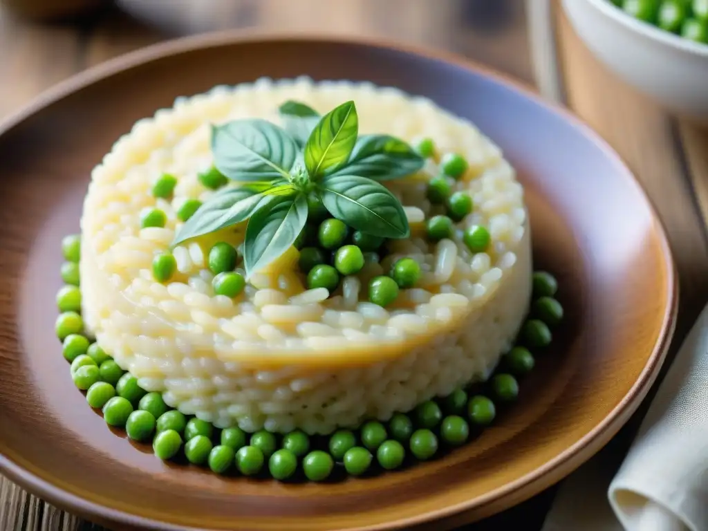 Delicioso risotto italiano cremoso con parmesano, guisantes y albahaca fresca en mesa de madera rústica