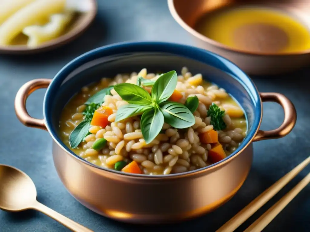 Delicioso risotto italiano con granos enteros, hierbas frescas y vegetales en un clásico recipiente de cobre, exhalando aroma y tradición culinaria