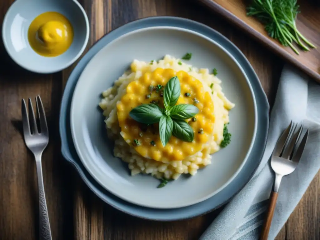 Delicioso risotto italiano con salsa de mostaza, hierbas frescas y pimienta en plato de cerámica, sobre mesa de madera