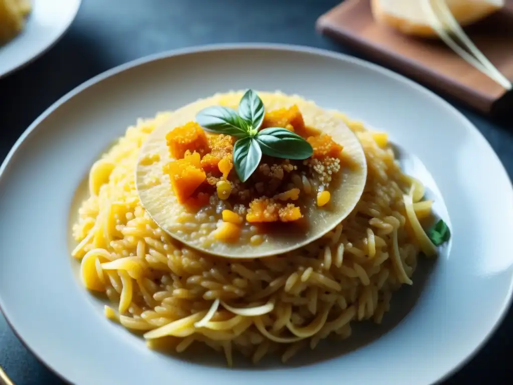 Delicioso risotto milanese dorado con azafrán y queso parmesano en plato artesanal