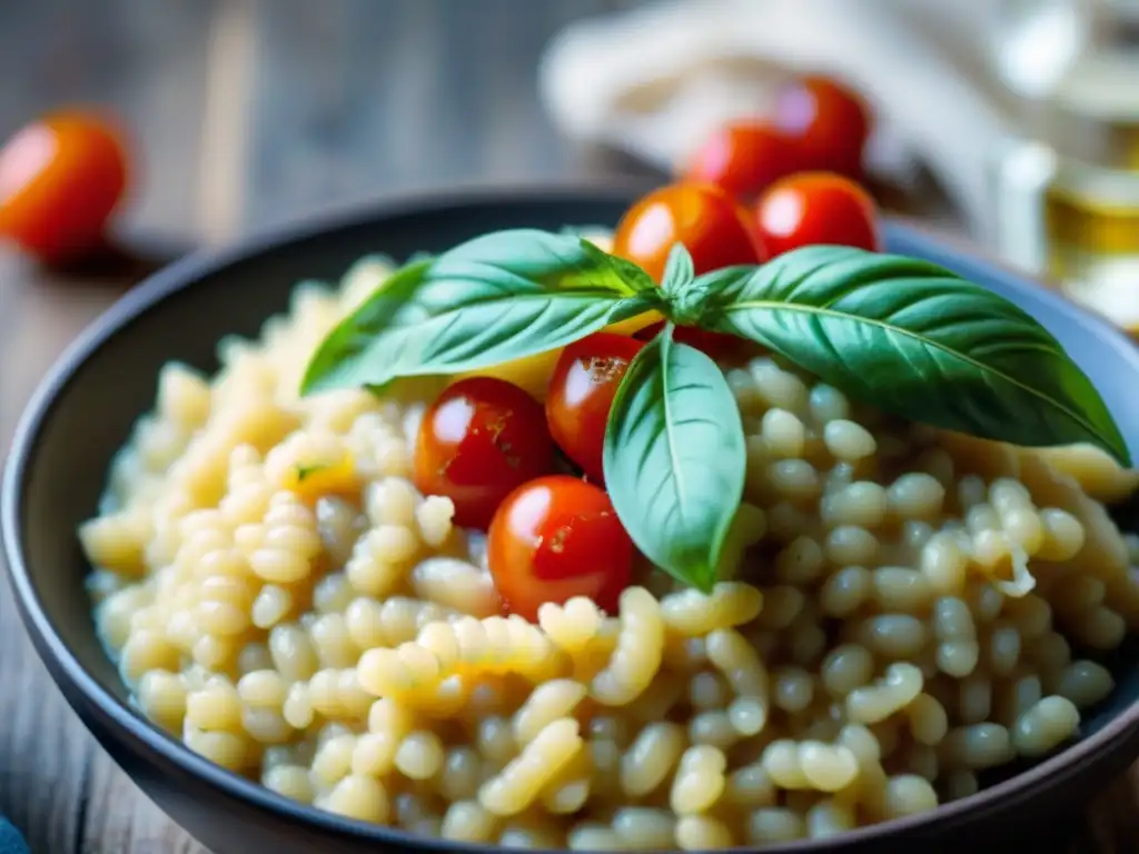 Delicioso risotto vegano con tomates y albahaca, exquisitas recetas tradicionales