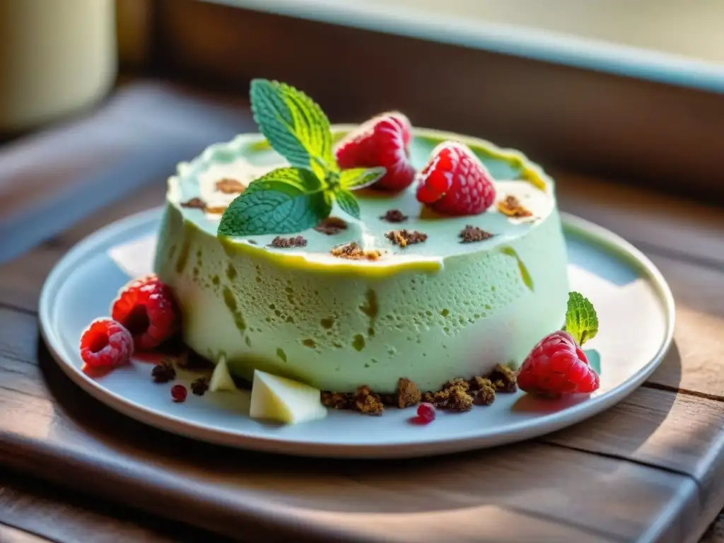 Delicioso Semifreddo decorado con frambuesas y menta en una mesa rústica iluminada naturalmente