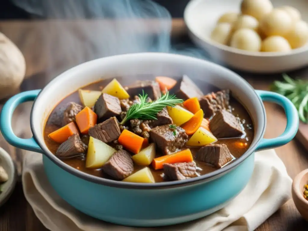 Delicioso spezzatino invernal con carne tierna, zanahorias, patatas y hierbas aromáticas en una olla humeante en cocina rústica