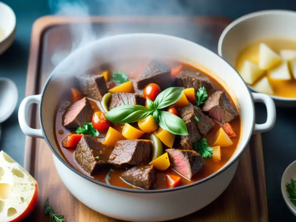 Un delicioso spezzatino italiano tradicional con carne tierna y verduras vibrantes cocinándose lentamente en una rica salsa de tomate