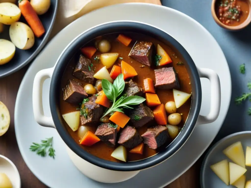 Delicioso spezzatino tradicional de invierno con carne tierna, zanahorias, papas, hierbas y salsa de tomate