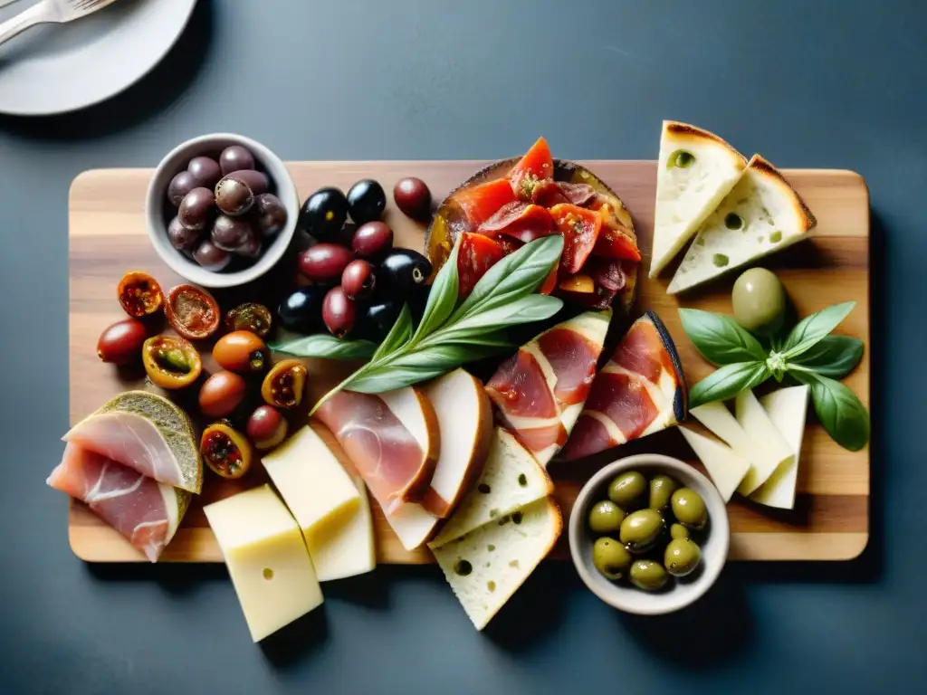 Delicioso surtido de antipasti italianos tradicionales y modernos en una rústica tabla de madera