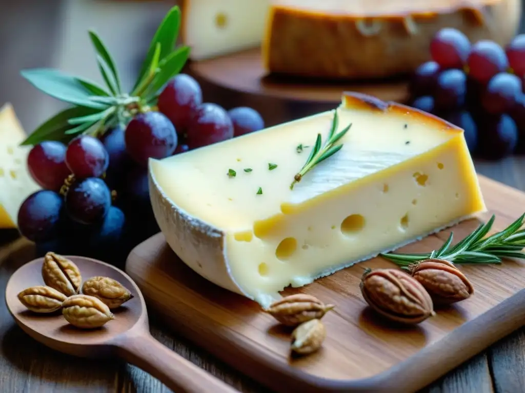 Delicioso Taleggio queso italiano con uvas, nueces y romero en tabla rústica