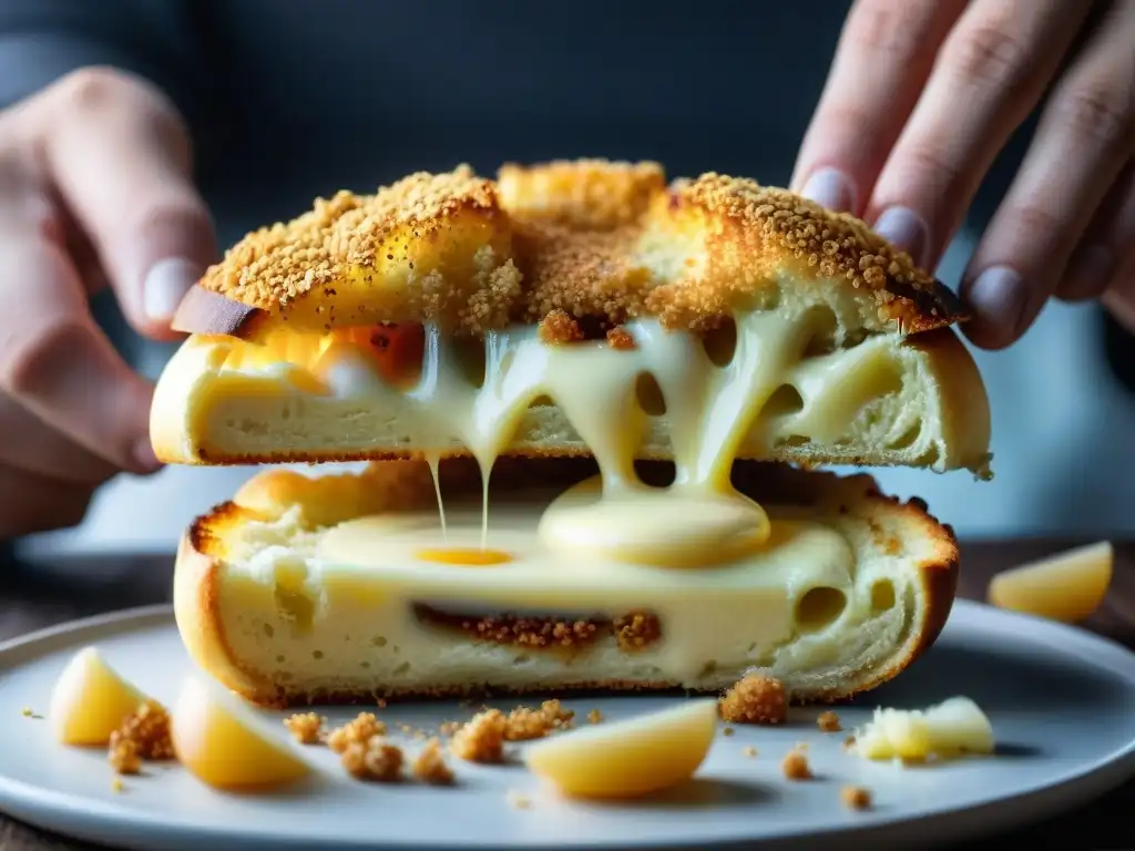 Delicioso Supplì al Telefono dorado siendo abierto, con queso fundido y crujiente