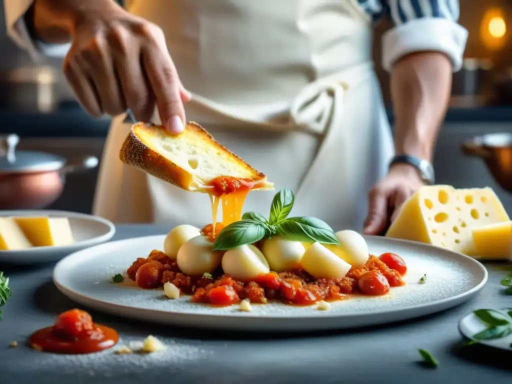 Delicioso Supplì al Telefono dorado y crujiente se parte, dejando ver su mozzarella estirada y fundente