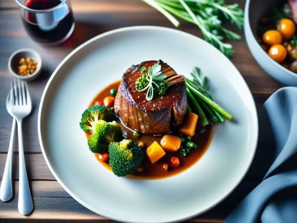 Delicioso Osso Buco con ternera, gremolata y salsa, presentado elegante en mesa de madera rústica