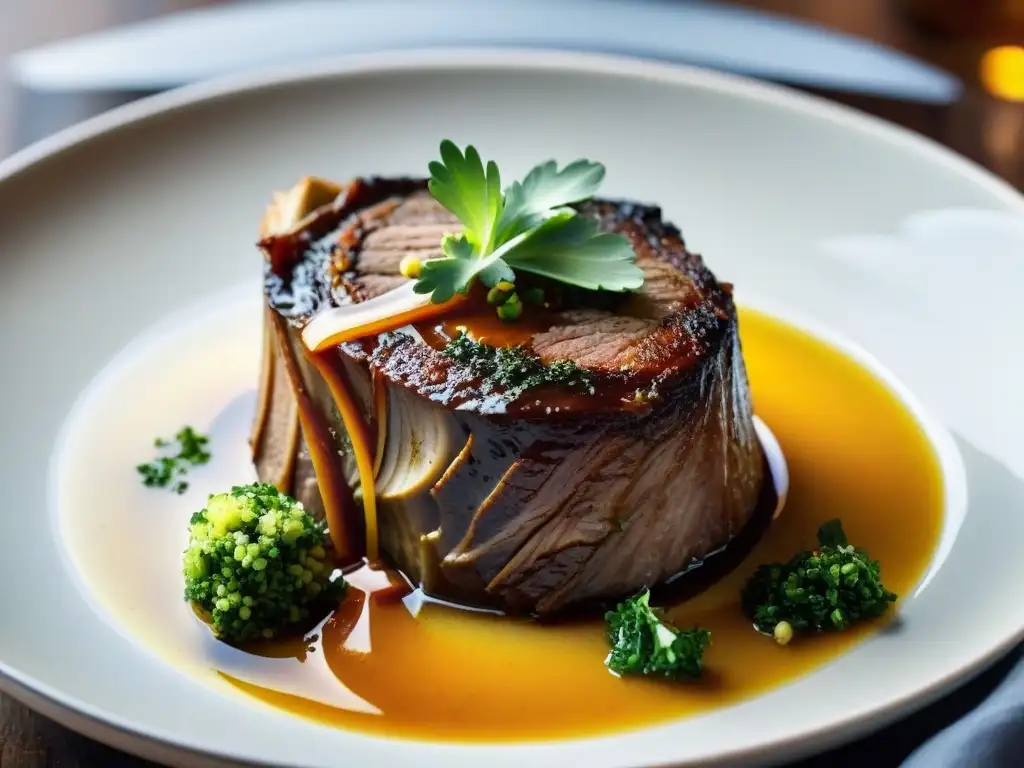 Delicioso osso buco: tiernas capas de carne con hueso y caldo dorado, gremolata vibrante en plato blanco