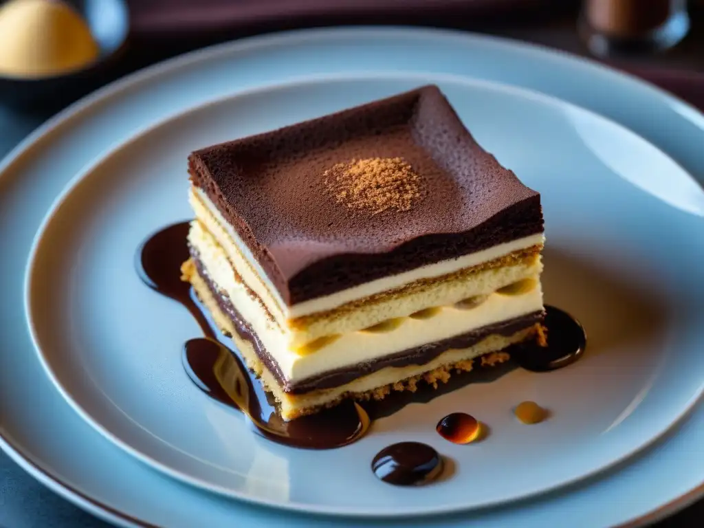 Un delicioso Tiramisú italiano, con capas de mascarpone y bizcochos empapados en café, en un entorno elegante