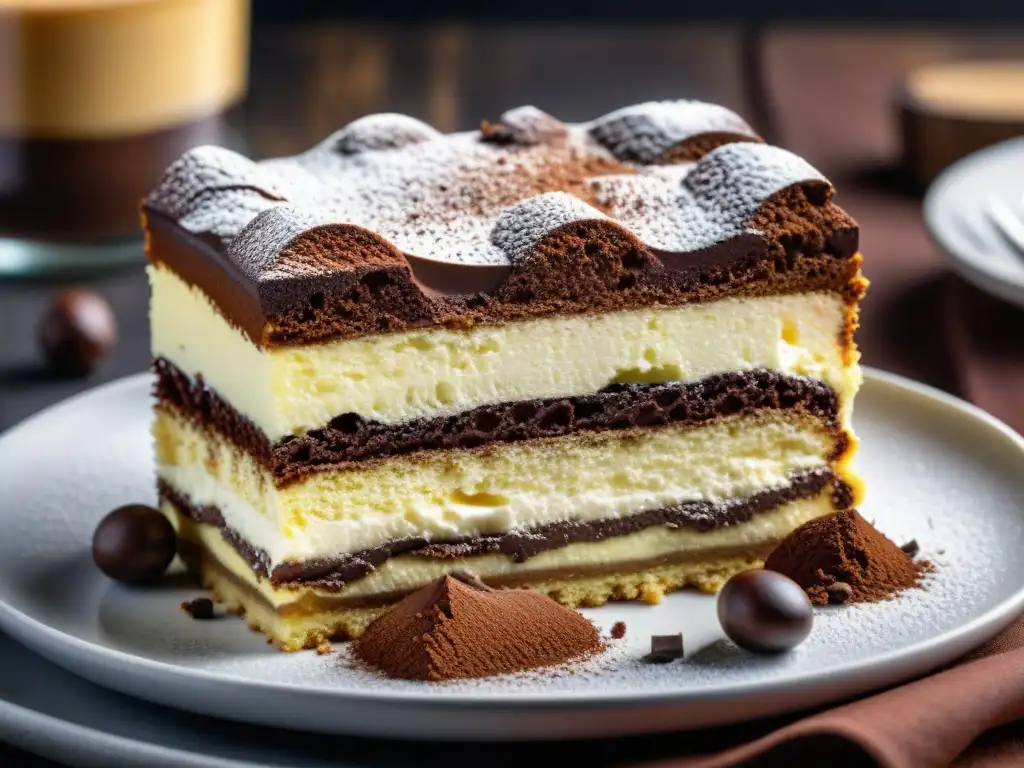 Tiramisú decadente: detalle ultradetallado de texturas y capas Un delicioso Tiramisú italiano decadente con capas de bizcochos de soletilla empapados en expreso, queso mascarpone cremoso y polvo de cacao