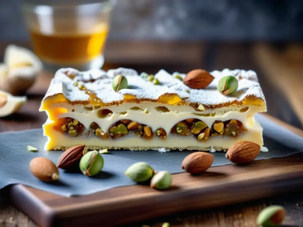 Delicioso torrone italiano con miel, frutos secos y un toque de azúcar glas, en tabla rústica