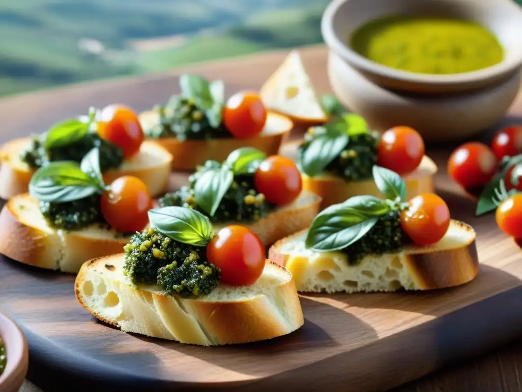 Delicioso crostini toscano tradicional: baguette, pesto, tomate y aceite sobre tabla rústica en paisaje toscano soleado