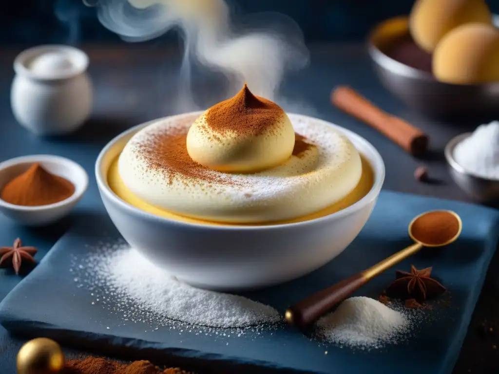 Delicioso Zabaione italiano dorado espolvoreado con cacao en una cocina tradicional