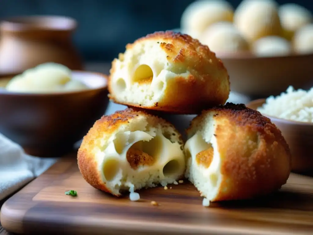 Deliciosos arancini dorados y crujientes en tabla de madera