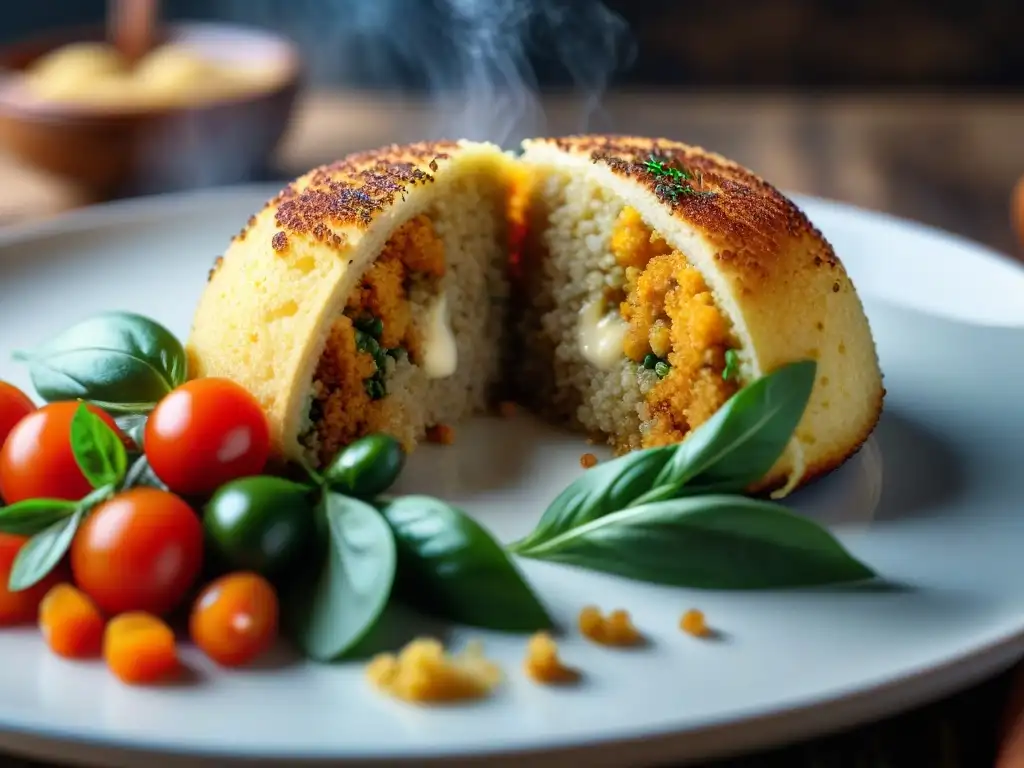 Deliciosos Arancini de Quinoa saludables con relleno de vegetales y hierbas, una fusión moderna de sabores y texturas