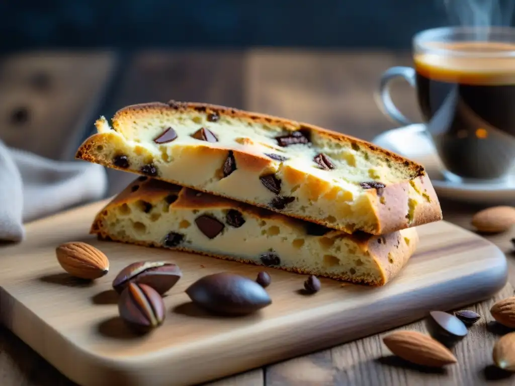 Deliciosos biscotti recién horneados con almendras y chocolate, junto a café espresso