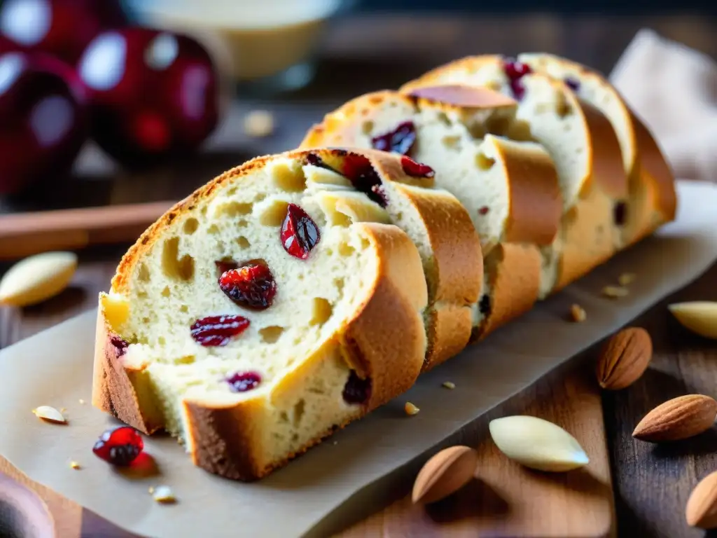 Biscotti artesanales: detalle dorado con almendras y arándanos Deliciosos biscotti recién horneados sobre tabla de madera, con almendras y arándanos