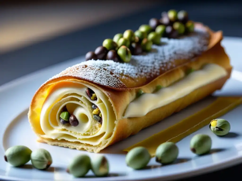 Deliciosos cannoli sicilianos caseros, con ricota, pistachos y chips de chocolate